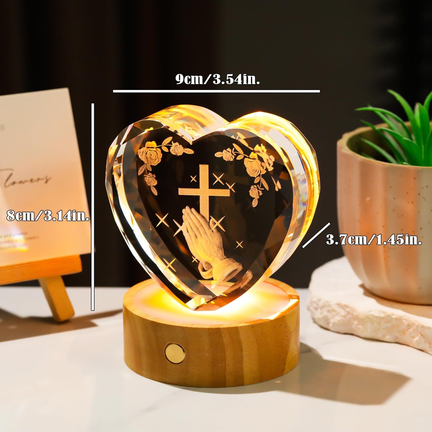 3D Cross with Praying Hands Crystal Heart Religious Gifts for Women Men - Glass Christian Gift Idea for Room with Wooden Light Base, Collectible Night Light for Catholic on Easter Home Decor