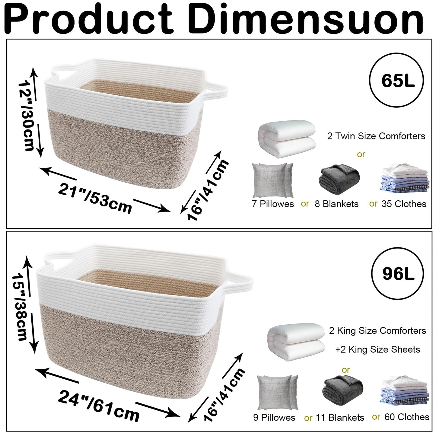 HZFTJOY Large Blanket Basket,Woven Rope Basket Storage Bin with Handles,65L Rectangle Laundry Basket for Magazines,Toys,Clothes,Newspaper Shelf Organization,Nursery and Living Room,White & Brown