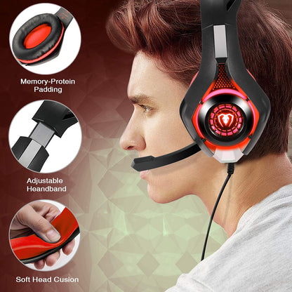 BlueFire Stereo Gaming Headset for PlayStation 4 PS4, Over-Ear Headphones With Mic and LED Lights for Xbox One, PC, Laptop (Red)