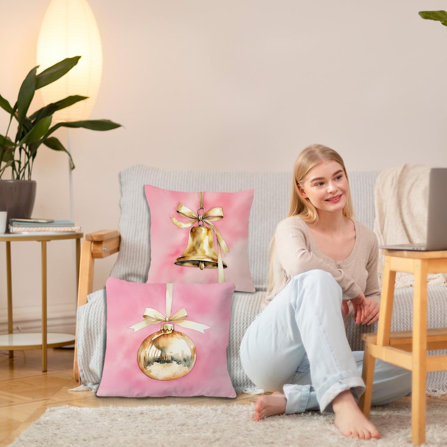 JINYO Coquette Gold Christmas Bauble Bell Pillow Covers 18x18, Coquette Christmas Decor, Pink and Gold Xmas Ornament Holiday Throw Pillow Covers for Home Room Dorm Apartment Sofa Couch Set of 2