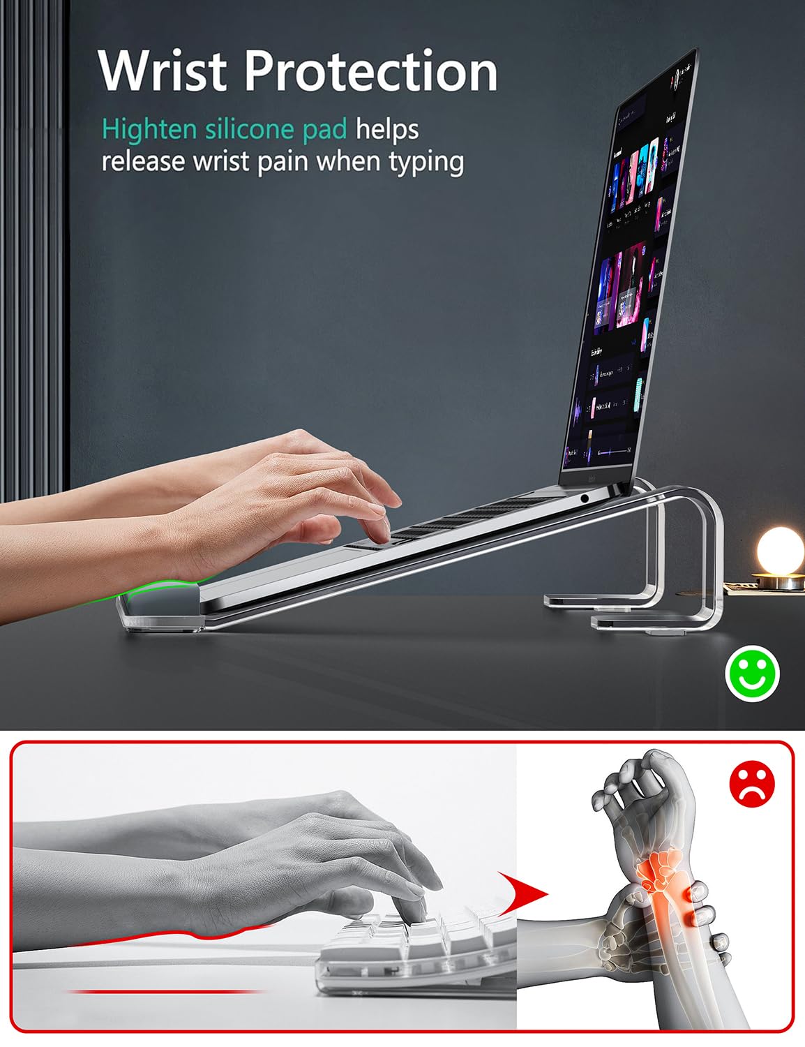 JCZT Clear Acrylic Laptop Stand for Desk, with Wrist Rest, Ergonomic Detachable Mount Compatible with 10-17'' All Laptops Such as MacBook Air Pro/HP/Dell/Lenovo