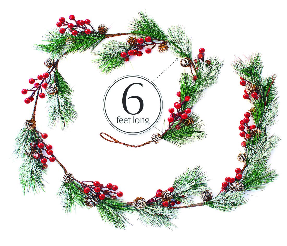 Christmas Garland Winter Red Berries Holiday Decoration Pine Cones, Evergreen Pine Needle – Unlit Berry Garlands Xmas Decor, Kitchen, Bar, Fireplace/Indoor/Outdoor Greenery with Snow 6 Ft Long (6ft)