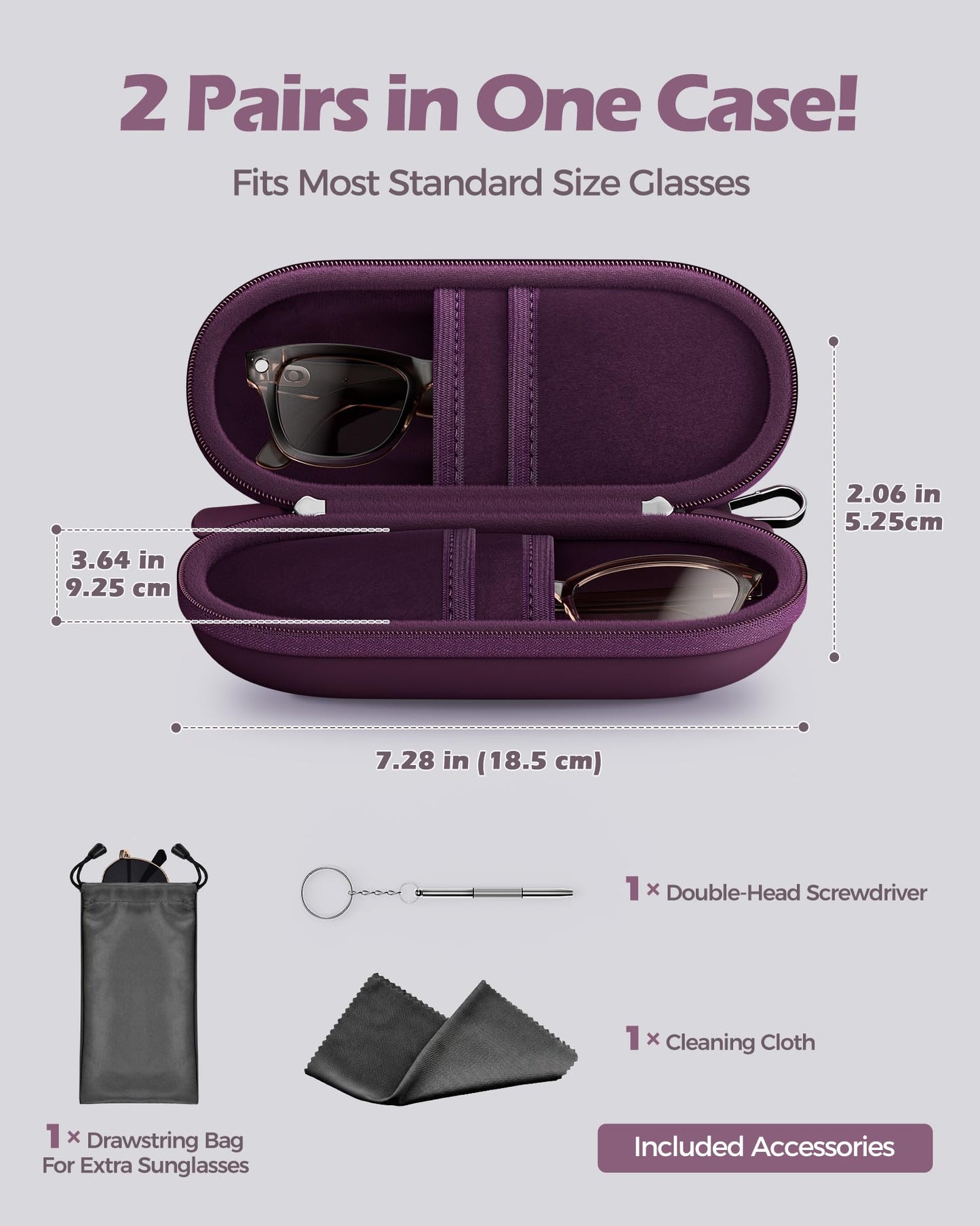 ProCase Double Sunglasses Case, Hard EVA Shell Shockproof Dual Eyeglass Case for Men Women with Metal Hook and Velvet Lining, Travel Zipper Glasses Holder Organizer Fathers Day Gift for Dad -Plum