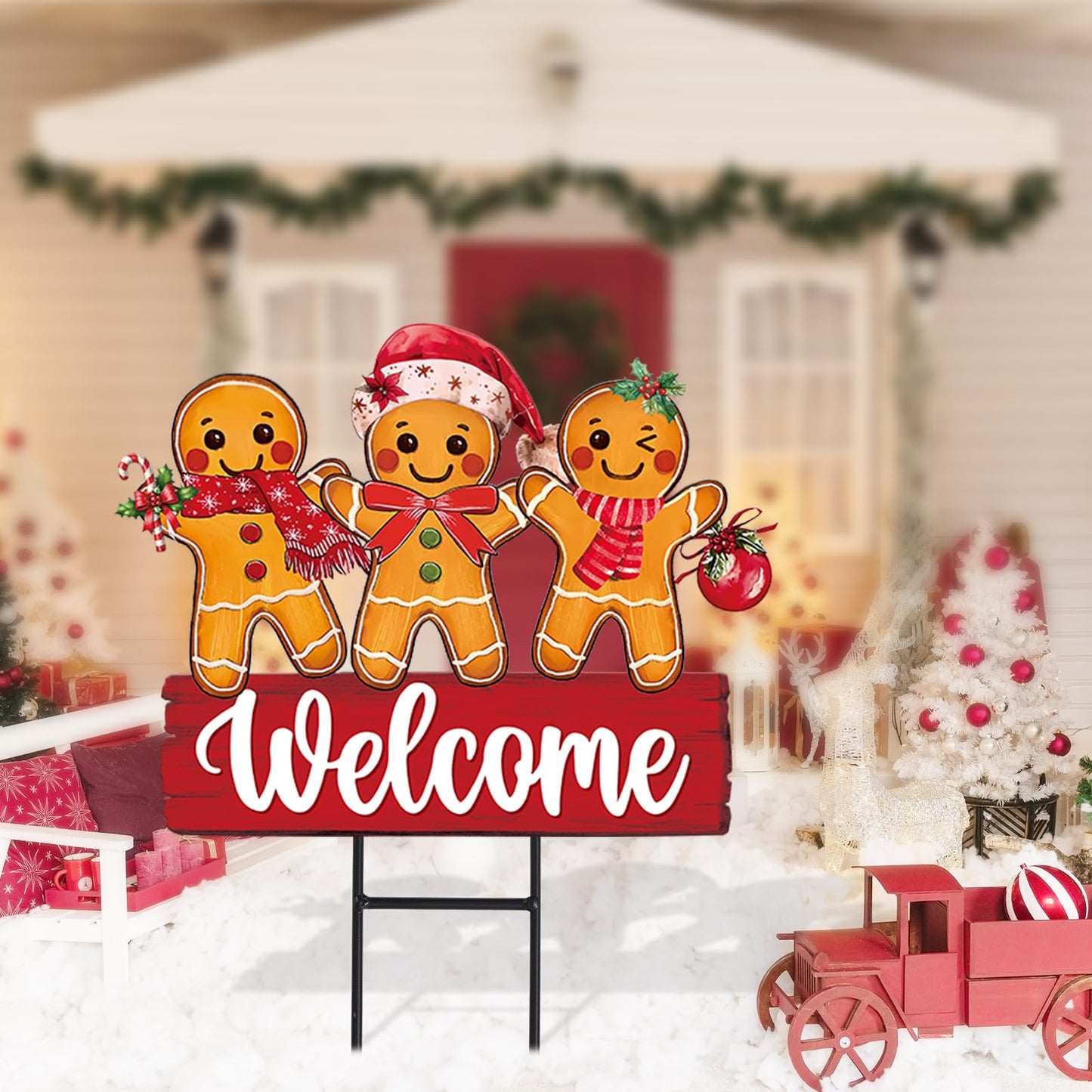 Whaline Christmas Metal Garden Stake Welcome Yard Sign Gingerbread Man Decorative Lawn Sign for Xmas Winter Holiday Home Outside Lawn Porch Walkway Decors