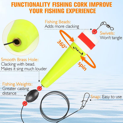Dovesun Popping Cork Weighted Fishing Bobbers Floats Fishing Corks Popping Corks for Saltwater Freshwater Yellow Float Length-4in & Buoyancy-1.23oz*5pcs