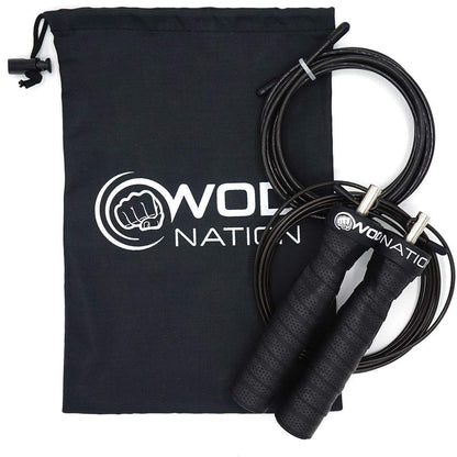 WOD Nation Jump Rope - Black Alloy Steel Handles - 11 ft, 2.2 mm & 3.3 mm Cables - Weighted & Speed Cable System for Fitness Skipping Rope Men & Women