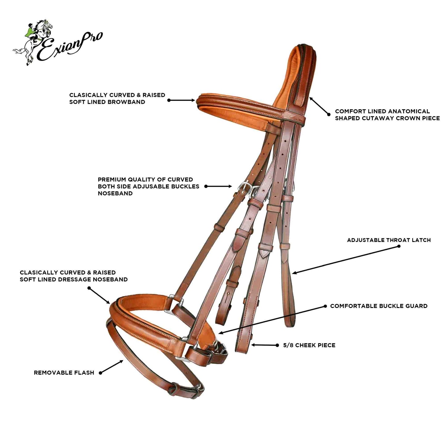 Exion Dressage Bridle with Anti-Pressure Crownpiece | Anatomical Padded Crank Noseband with Flash, Soft Browband & Web Reins with Hand Stoppers | Premium Leather Horse Bridle for Comfort & Control