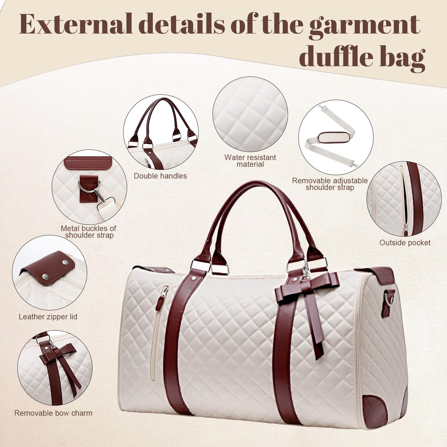 GARPROVM Garment Bags for Travel Women, 3 in 1 Convertible Garment Duffle Bags with Separated Tote Bag, Waterproof Suit Bag Travel Carry On Luggage Weekender Bag for Business Trip, Beige