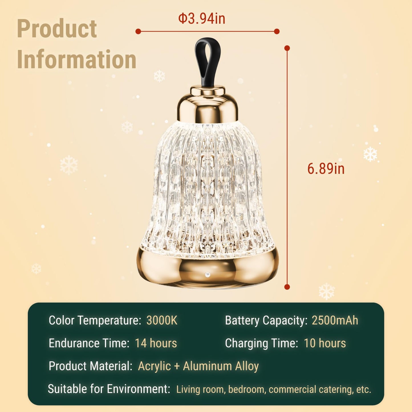KOSTA Crystal Bell Table Lamp Rechargeable Crystal Lamp Christmas Bell Light for Decor Home Bedroom Kitchen Office Living Room Birthday Gift Lights for Bedroom/Party/Kids Room