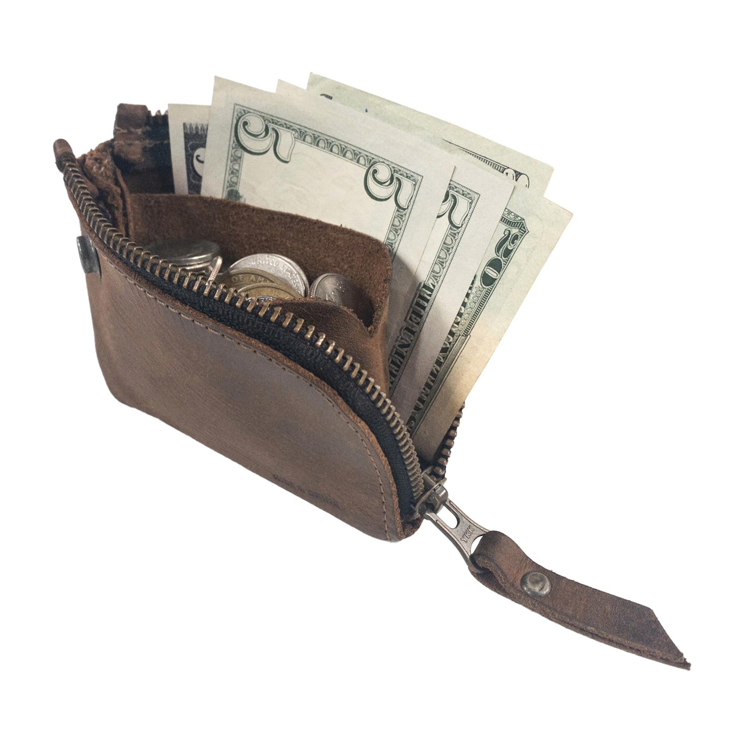 Hide & Drink, Leather Zippered Wallet, Holds Up to 6 Cards Plus Folded Bills, Pouch Organizer, Cash Holder, Travel Essentials, Mini, Pocket-Size, Handmade (Bourbon Brown)