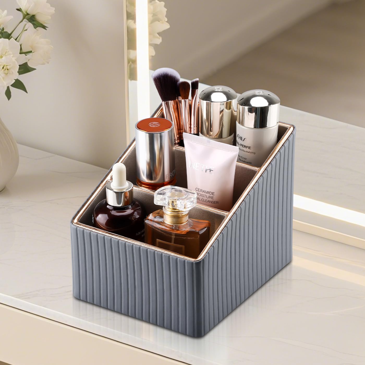 KINGFOM 3 Slot PU Leather Remote Controller Holder, Home Sundries Storage Box, TV Guide/Mail/CD Organizer/Caddy/Holder with Free Cable Desk Organizer (Grey)
