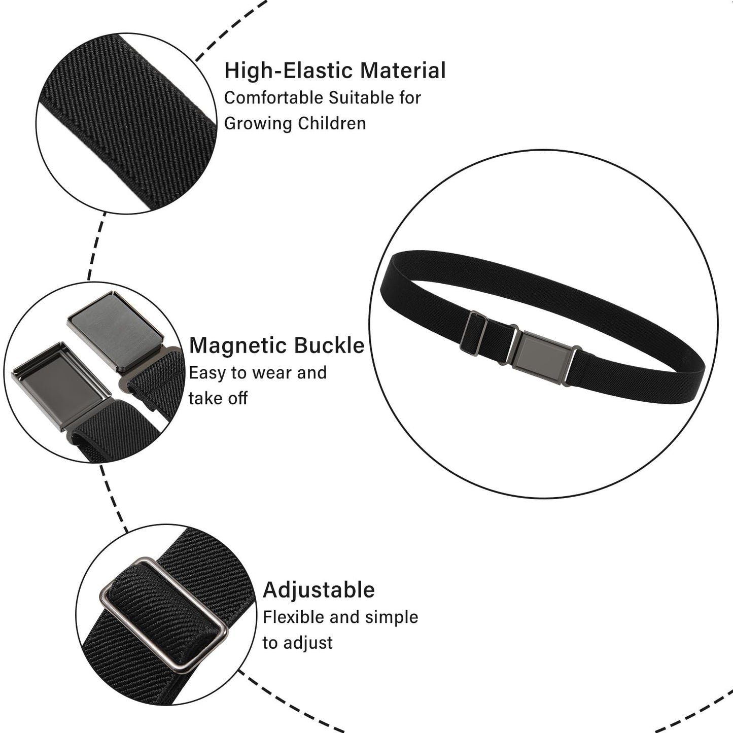 AWAYTR 3 PCS Kids Adjustable Magnetic Belts - Easy to Use Magnetic Buckle Belt for Boys and Girls (Gunmetal Buckle- Black/Navy blue/Brown)
