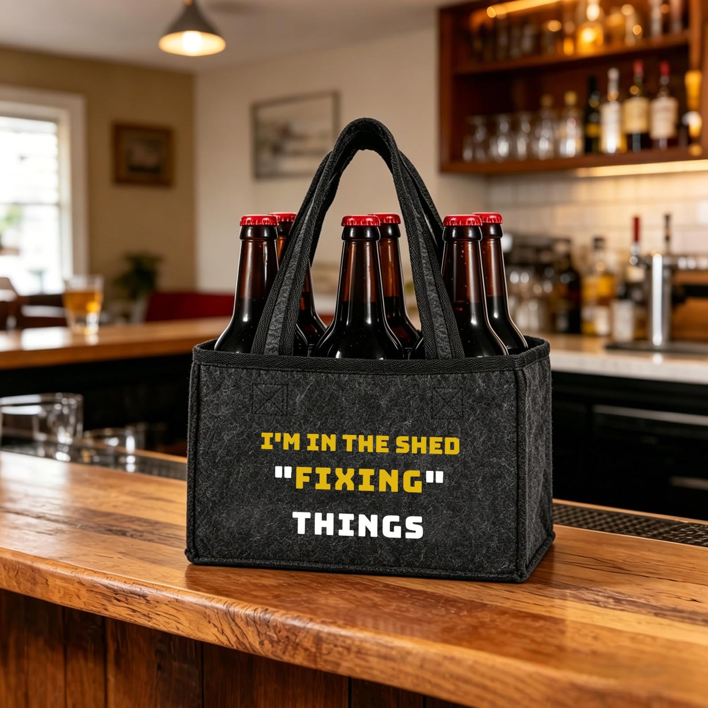 Felt Bottle Carrier for Men, Funny Garage Man Cave Gift, Birthday Gift for Dad, Husband, Boyfriend, Beer Lover, Backyard BBQ & Party Drink Carrier, 6-Bottle Beer Tote with Handle