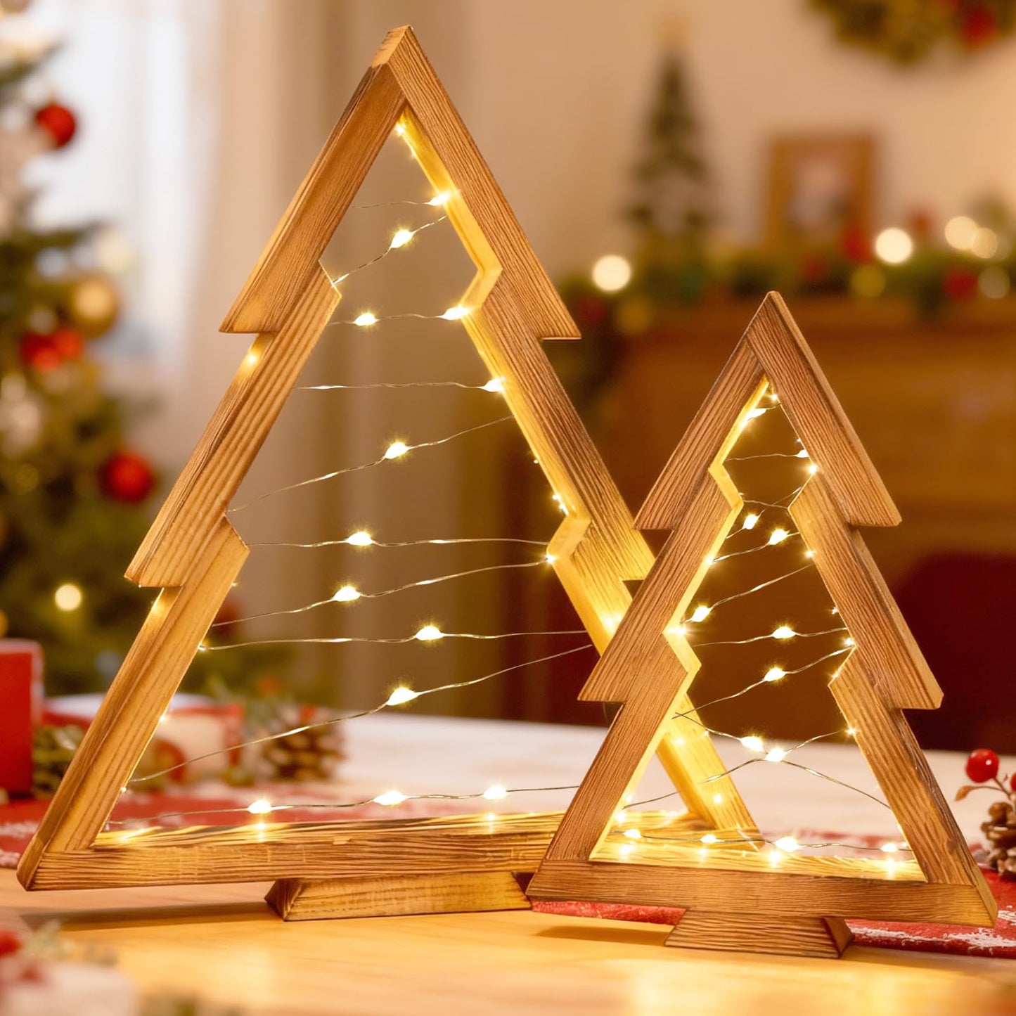HOMIEE Wooden Christmas Tree 2PCS Handmade Tabletop Decor with Light for Farmhouse Home Kitchen Table Mantle Shelf Holiday Indoor Party Decor