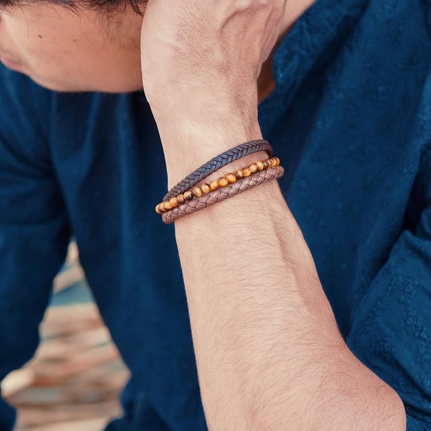 RTZN® Multi Strand Bracelet for Men – Premium Artisan Handcrafted Tiger Eye Bead and Brown Braided Leather Bracelet – Authentic Tigers Eye Stone & Brown Leather Mens Bracelet (Medium)