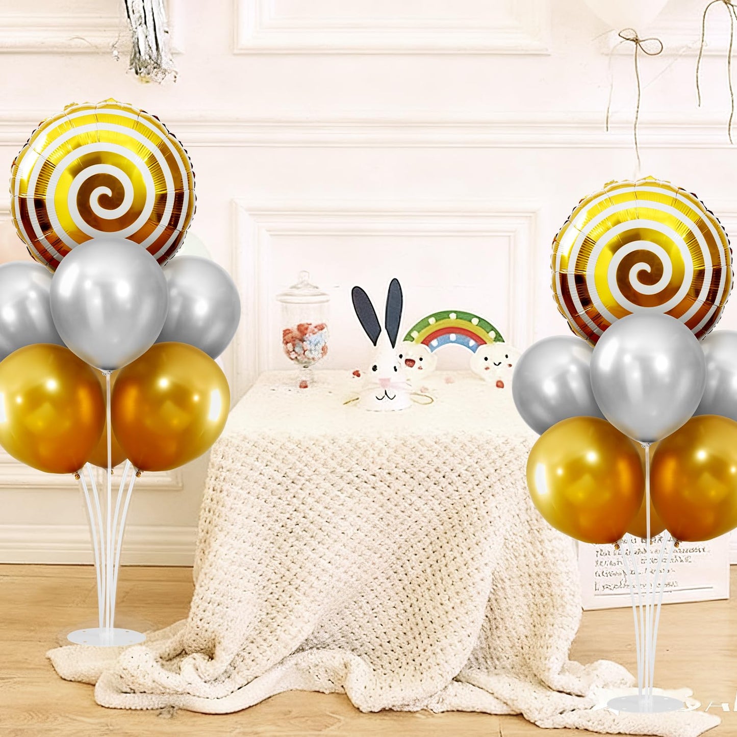 Candyland Party Decorations, Sweet Candy Balloon Stand kit 2 Sets Balloon Centerpieces for Table, Mylar Foil Round Lollipop Balloons for Candy land Birthday Party, Candies Shop, Home Decoration-Gold