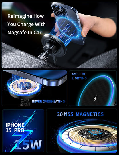 MagSafe Car Mount Charger, 3 in 1 [LED RGB HandsFree] Wireless Car Charger, Magnetic Phone Holders for Your Car- Fast Charging Car MagSafe Charger for iPhone 16/15/14/13/12 Series, Gift for Men Women