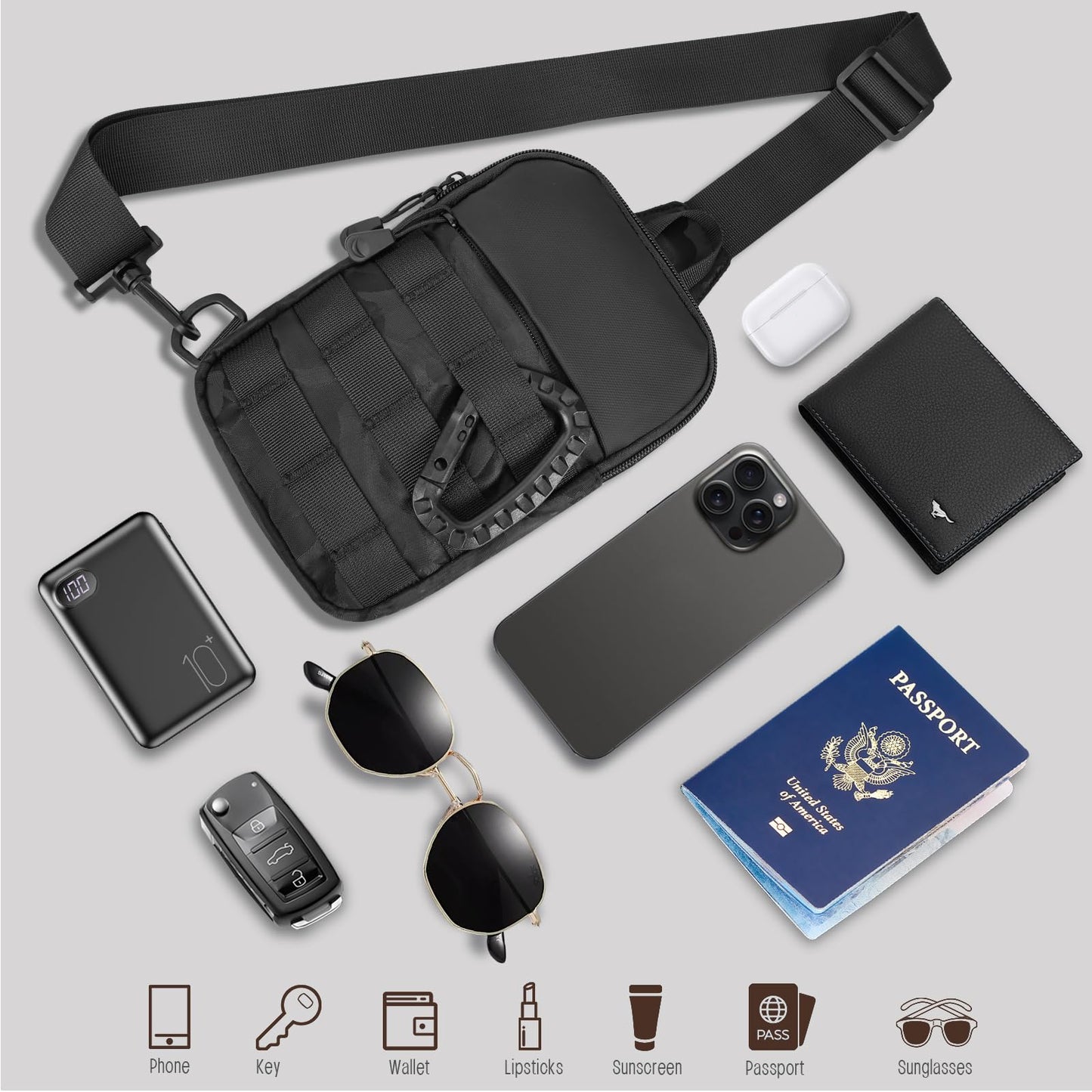 DEYACE Small Sling Bag for Men, Tactical Inspired Waterproof Utility EDC Mini Crossbody Chest Bag for Travel Work Sport (Black Camo)