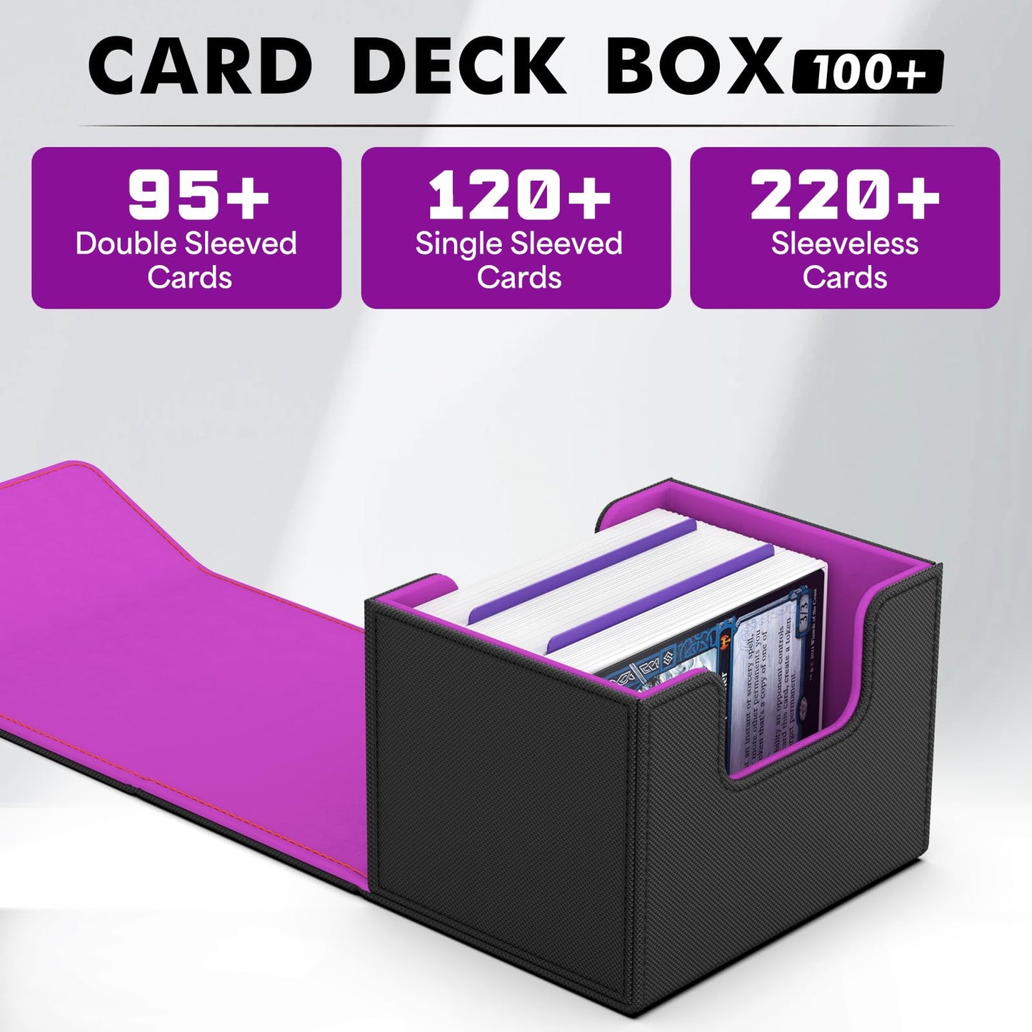 ZLCA Card Deck Box for Trading Cards, MTG Commander Deck Box Holds 120+ Single Sleeved Cards, Leather Magnetic Card Storage Box Fits for Magic the Gathering TCG CCG(Black& Purple)