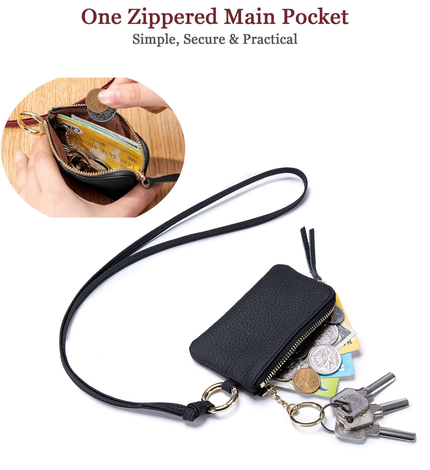 LnxLtw Leather Coin Purse for Women with Keychain & Wrist Strap – Small Zipper Coin Pouch, Mini Change Wallet, Slim Travel Key Pouch with Gift Box (Black)