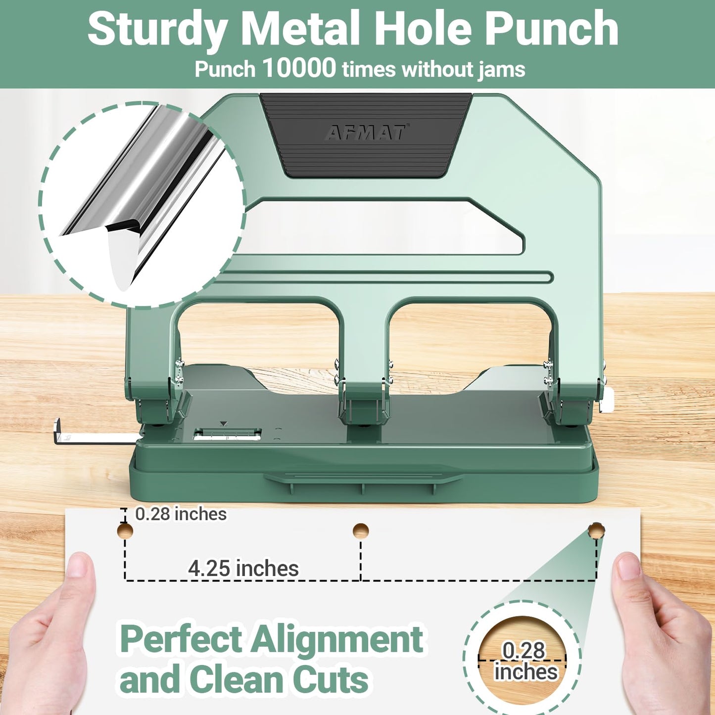 AFMAT Heavy Duty 3 Hole Puncher, 40-Sheet Three Hole Punch Heavy Duty, 50% Reduced Effort Paper Punch, 10K+ Uses, Metal Hole Puncher 3 Ring w/Large Tray, Bulit-in S.S. Paper Guide HPX2(Green)