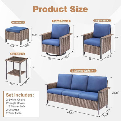 Outdoor Patio Furniture Set Swivel Chairs-9 Pieces All-Weather Wicker 3 Seater Sofa with 2 Ottomans Rattan Side Table, Wicker Sofa Outdoor Furniture for Porch Deck Backyard Brown/Blue