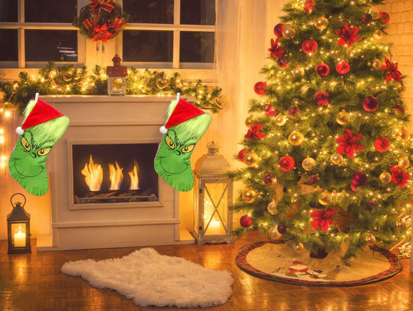 Christmas Stocking with LED Light, 14.98 inch Red Green Hanging Stocking, Candy Gift Socks Christmas Ornament Decorations for Family Holiday Xmas Party Decorations (One Size, Christmas Stocking)