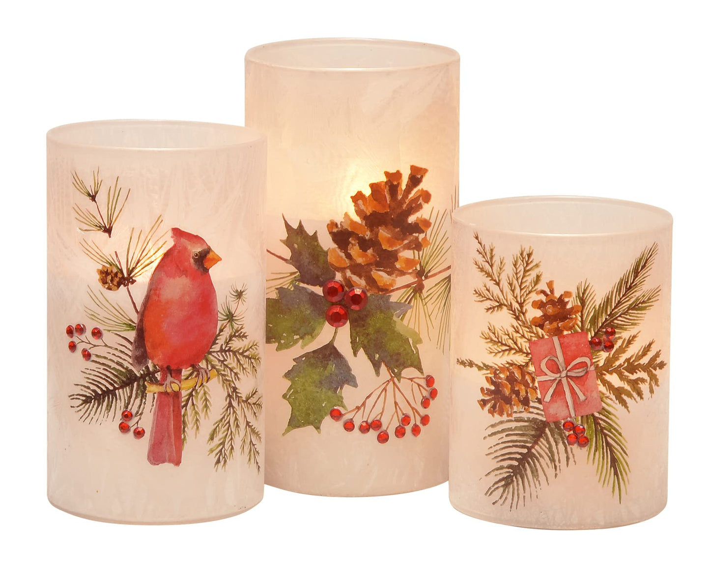 Mark Feldstein & Associates LED Flameless Cardinal and Pinecones Jeweled Iced Glass Pillar Candles, Set of 3, 6 Inch