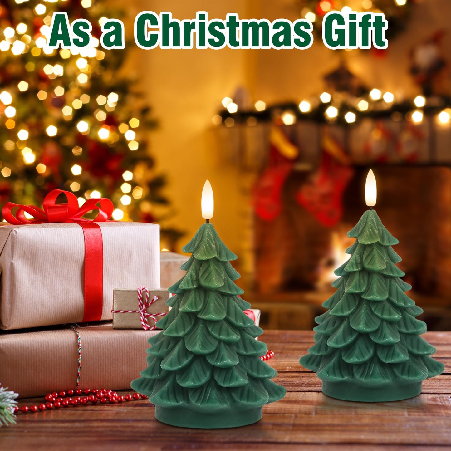 Lasumora Christmas Tree Shaped LED Candles with 6H Timer, 2 Pcs Flameless Pillar Candles Flickering, Battery Operated LED Candle with 3D Flame Wick, Green Candles for Home Décor Christmas Gifts