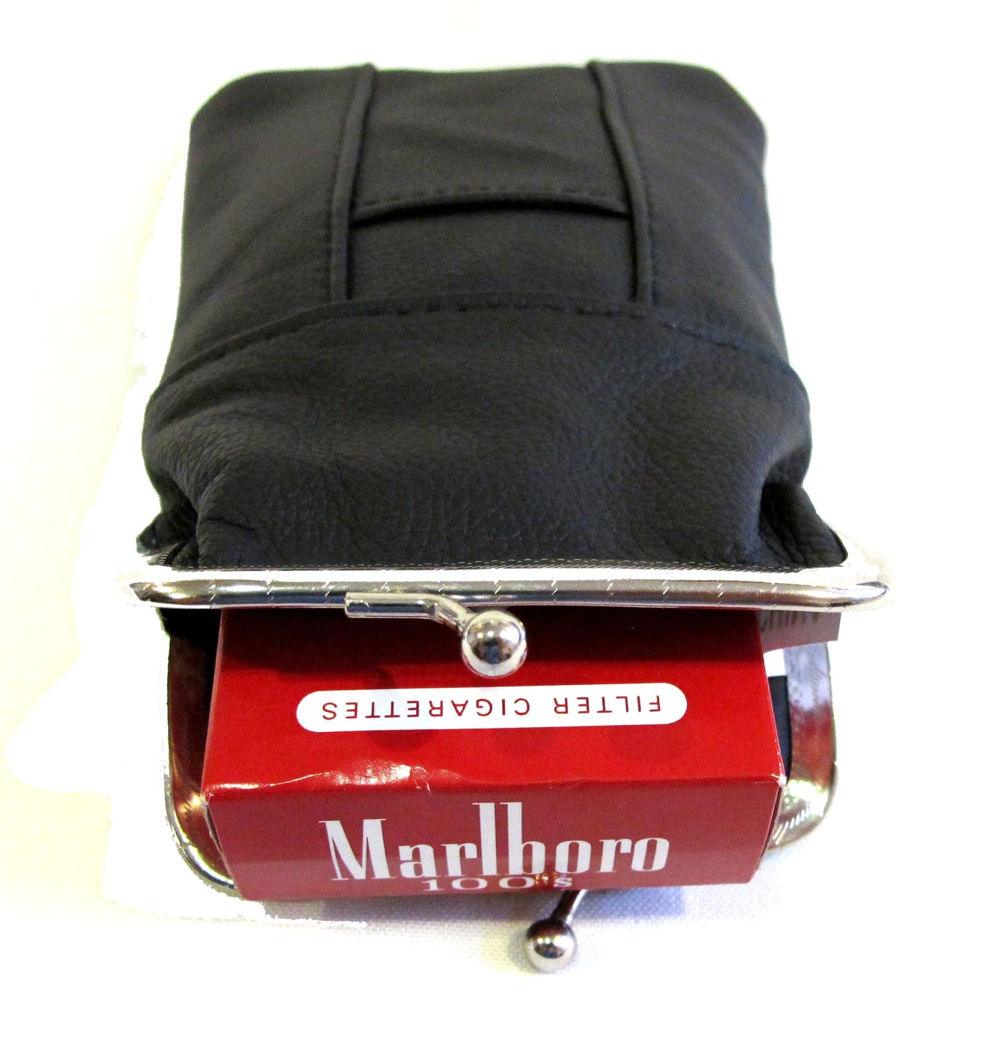 100's 120's 100% Genuine Leather Cigarette Case Lighter Pocket Kiss Lock Metal Twist Clasp Slim Durable -BLACK