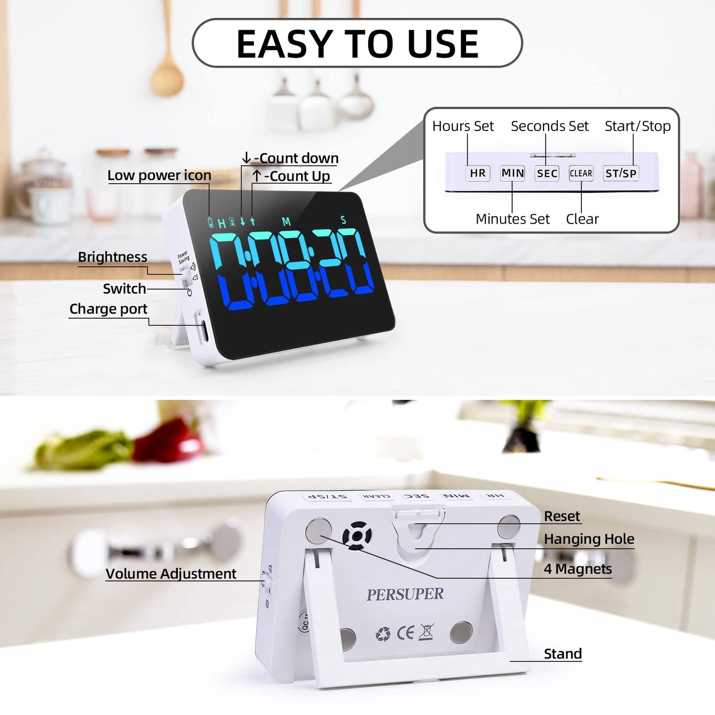 PERSUPER Kitchen Digital Timer, Count Down Up, Rechargeable, Vibration Mode Adjustable Volume and Brightness LED Display, Time Management Cook, Desk, Kids Adults Study Teaching, Kitchen Gadgets Blue