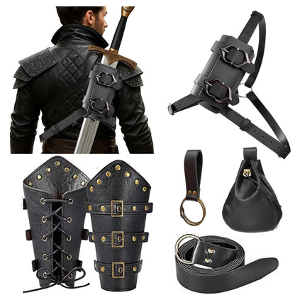 Medieval Back Sword Frog Holder Bracers Belt and Belt Pouch Viking Warrior Costume Renaissance Accessory Cosplay Props (Black)