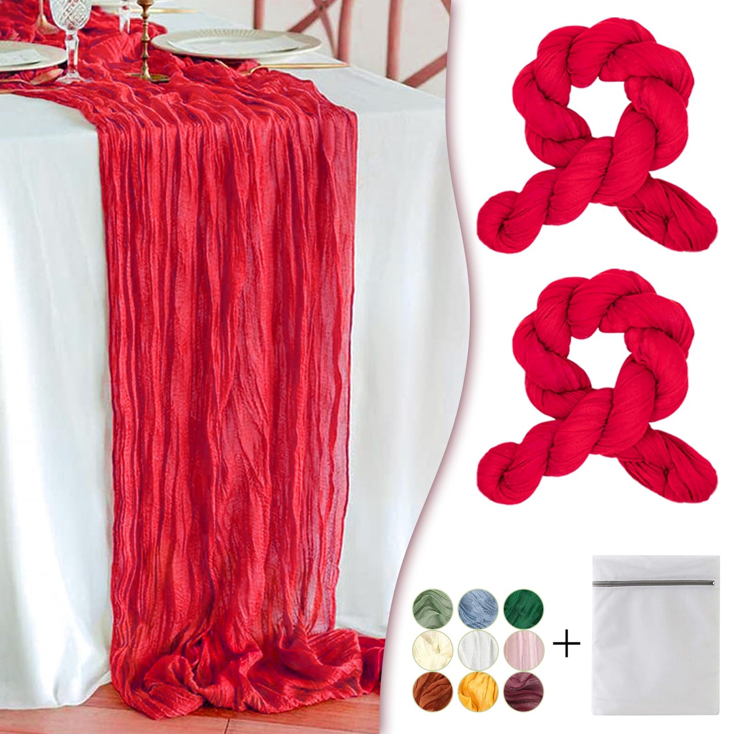 Waligoy Red Cheesecloth Table Runner 2 Pack 35" Boho Gauze Table Runner 120 inches Long Runner Rustic Sheer Fabric Bulk for Baby Shower Wedding Bridal Birthday Party Table Decorations