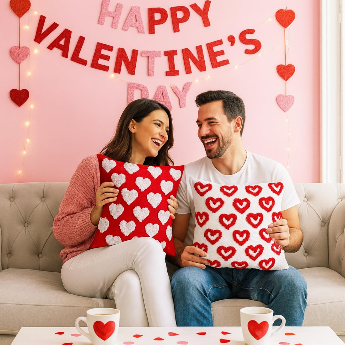 Fourluoo 4 Pcs Valentine's Day Throw Pillow Covers 18x18 Inch Soft Heart Decorative Pillowcase Plush White Red Soft Plush Pillow Covers Cushion Case Decorations for Sofa Living Room Valentine Gift