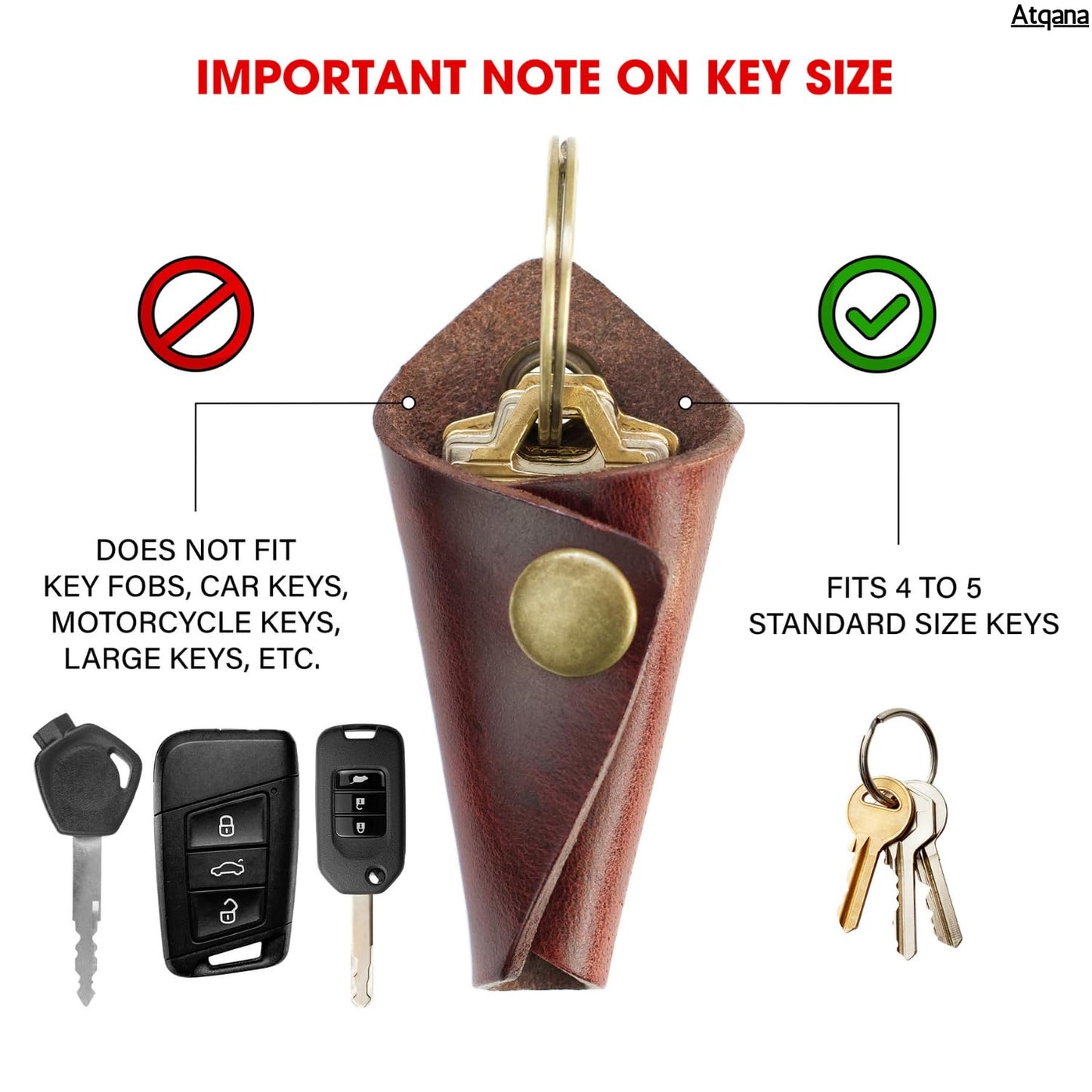 Atqana Leather Key Wrap Cover (Premium Leather) - Key Organizer | Motorcycle Keychain Wrap (Extra Dark Brown) (Brass Button)