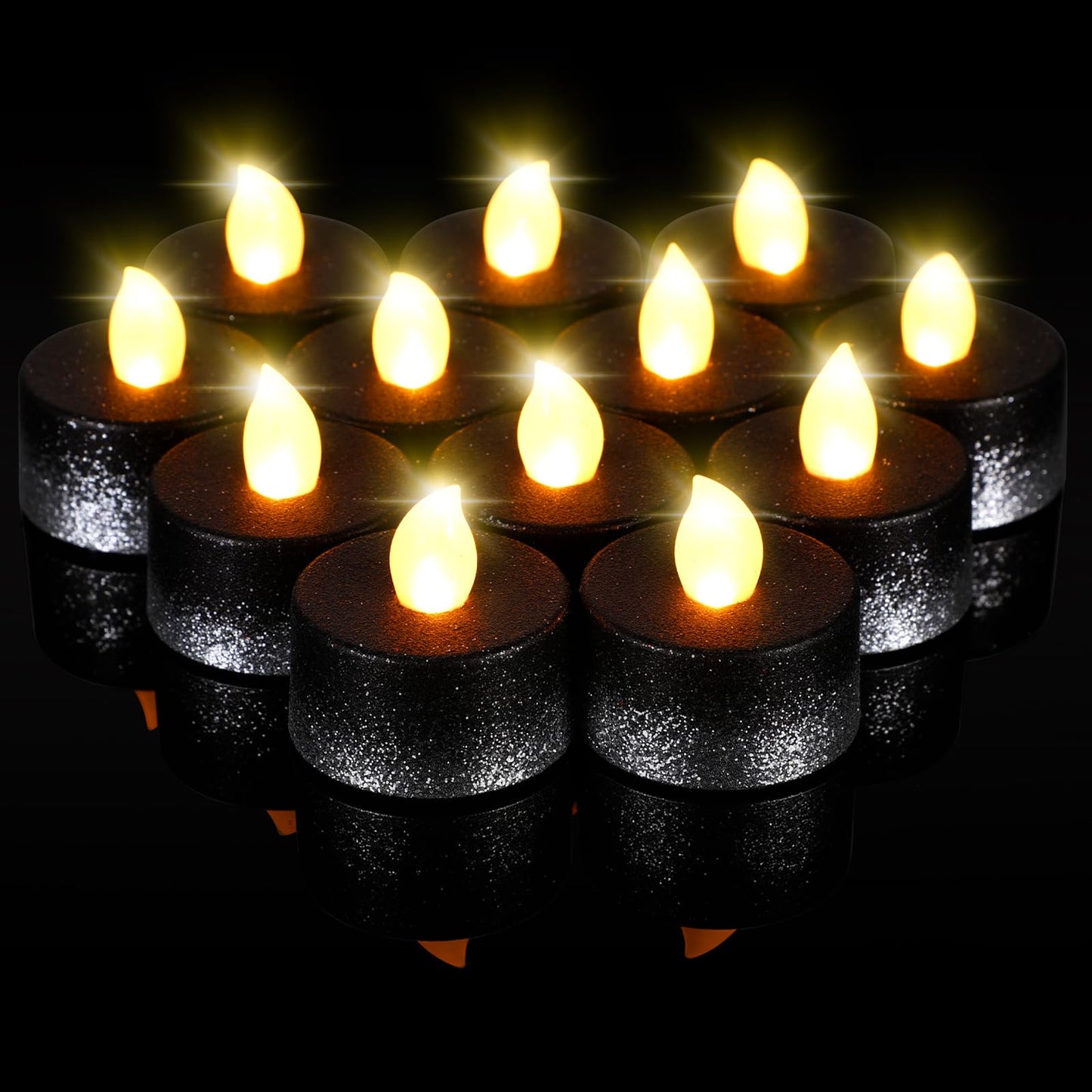 Retisee 48 Pcs Flameless LED Tea Lights Glitter Electric Fake Candles for Centerpieces Battery Operated Anniversary Decorations Romantic Winter Decor for Wedding Christmas Birthday(Black Silver)