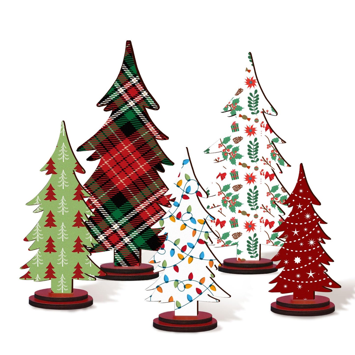 Pigort Christmas Decorations – Rustic Wooden Christmas Tree Table Decor, Freestanding Xmas Centerpiece for Home & Shelf, Winter Tiered Tray Decorative (5)