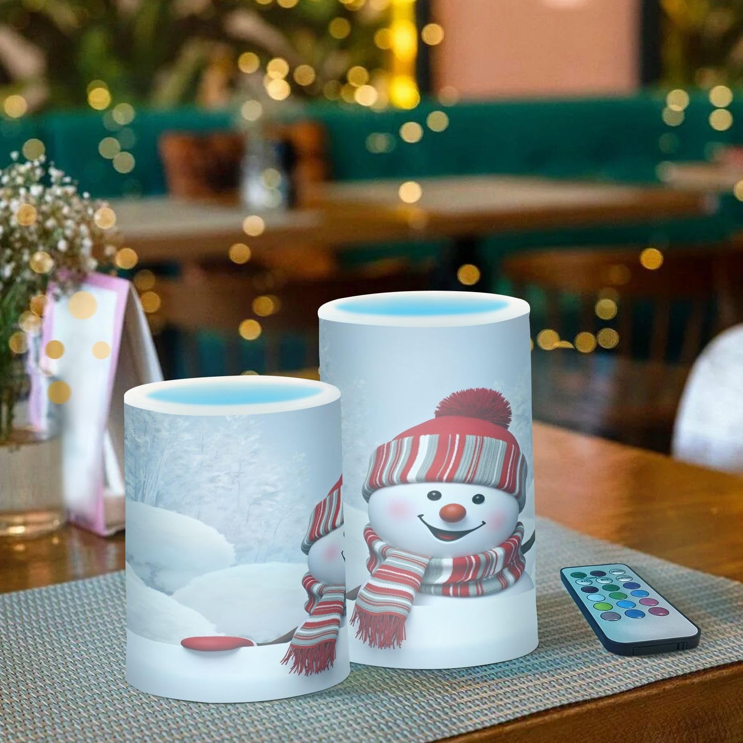ALAZA Christmas Cute Snowman Winter Flickering Flameless Candles Battery Operated with Remote Timer,Tea Light Candles LED Pillar Votive Candles Set of 2 for Outdoor Indoor Decorations