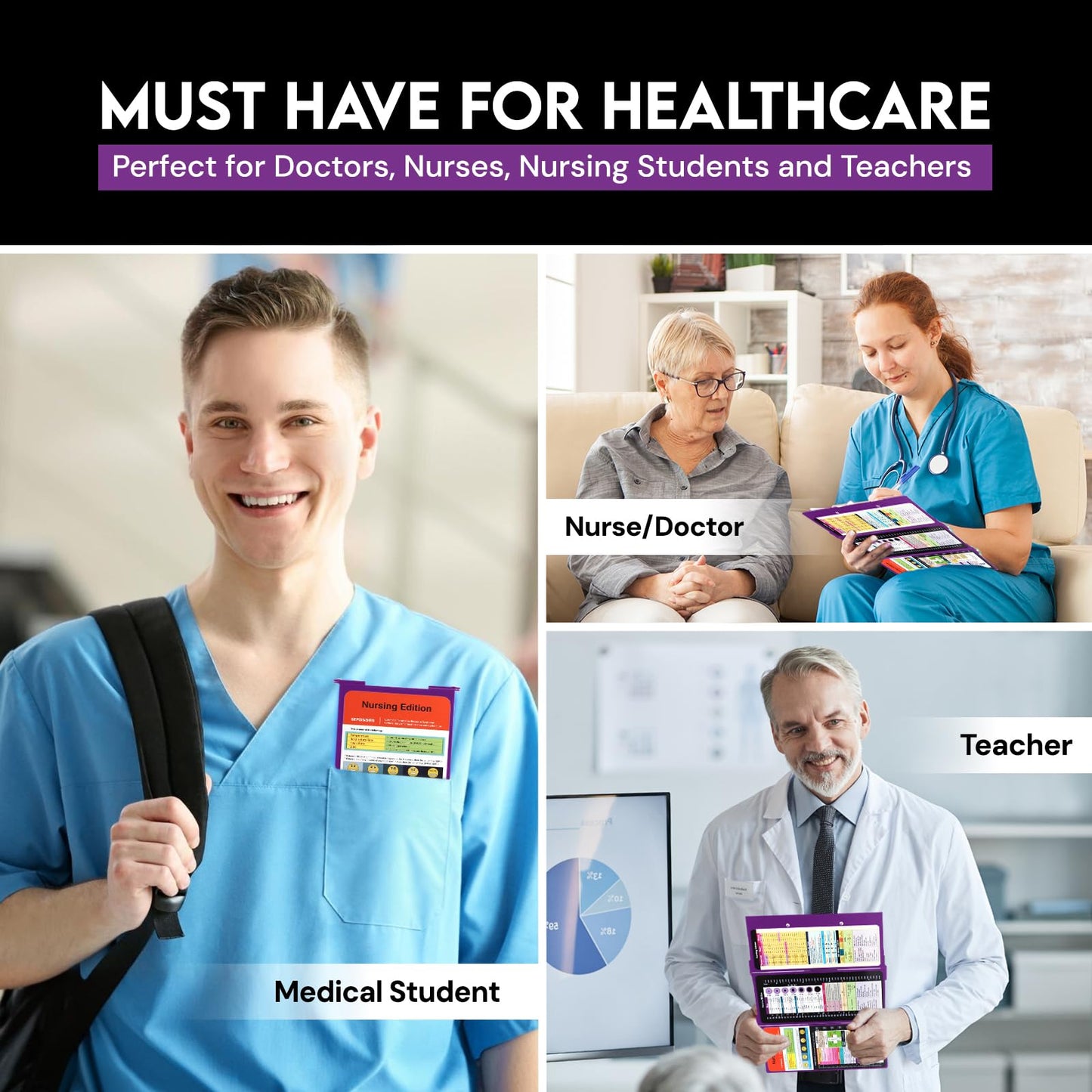 Nursing Clipboard with Nursing and Medical Edition Cheat Sheets 3 Layers Aluminum Foldable Nurse Clip Board Nursing Student Essentials - Foldable Clipboard Nursing Nursing School Essentials (Purple)
