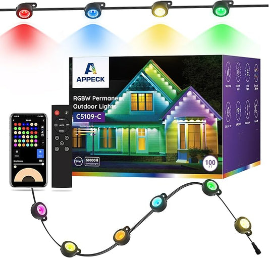 APPECK Permanent Outdoor Lights 100ft with 72 LEDs, DIY Scene Modes, Smart RGBW String Lights Waterproof, App/Remote Control for Christmas, Halloween, Alexa/Google Assistant Compatible, Black