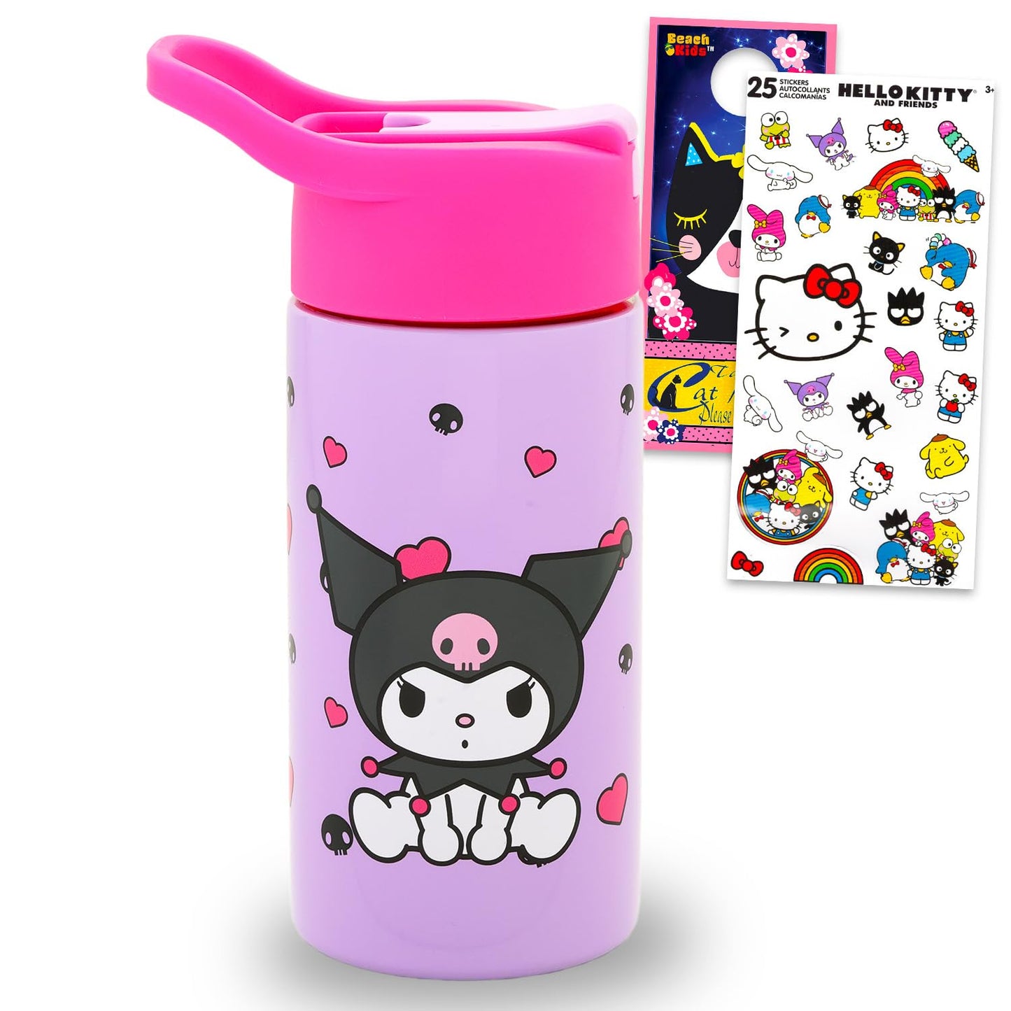 SANRIO Kuromi Stainless Steel Water Bottle for Girls - Bundle with 14 Oz Kuromi Drinking Cup For Home, School, and Sports, Plus Stickers, More Water Bottle with Straw