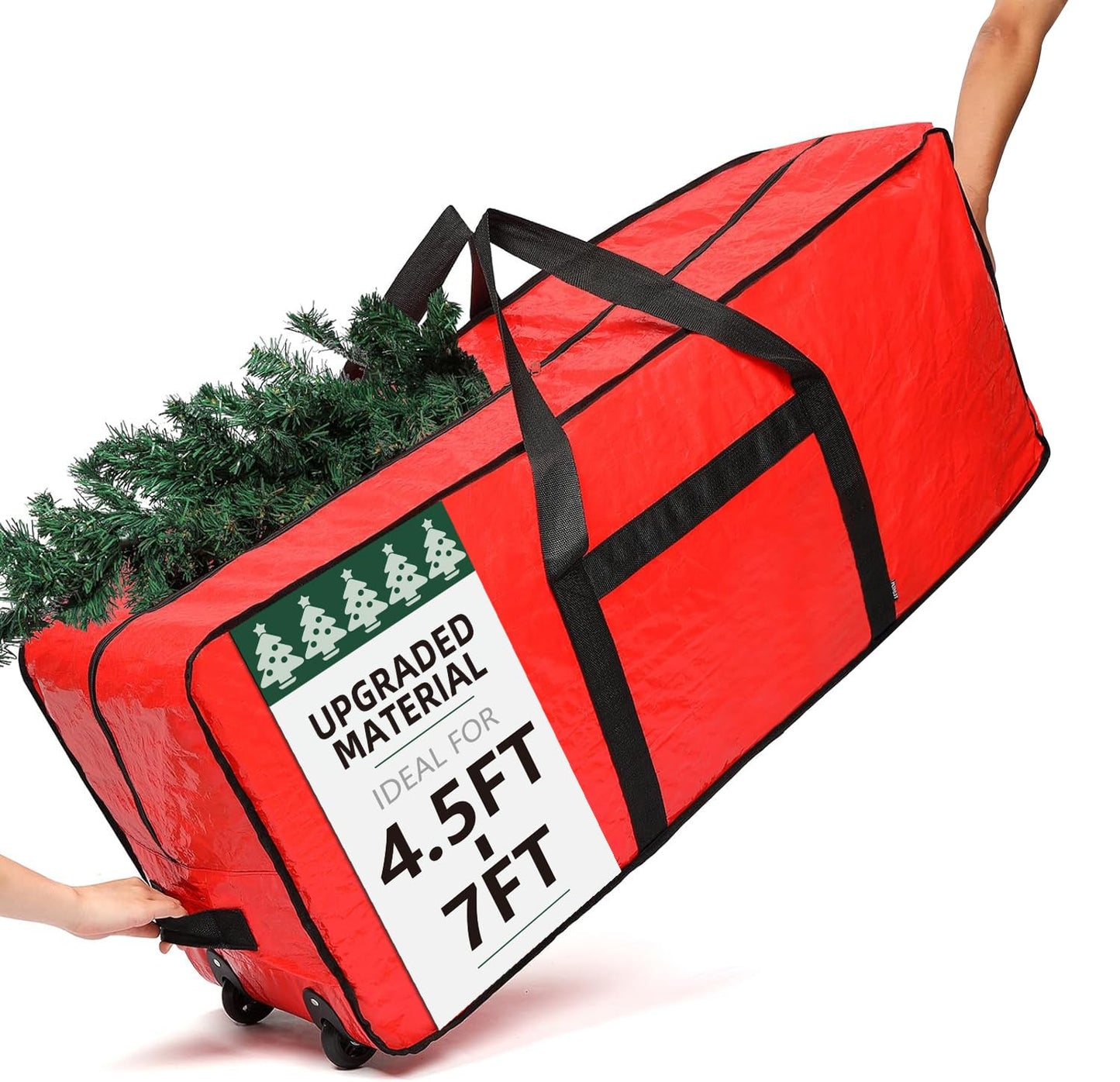 HOMEST Christmas Tree Storage Bag, Fits for 4.5-7 ft Xmas Artificials, Zippered Bag with Reinforced Carrying Handles and Wheels, Red (Bag Only)