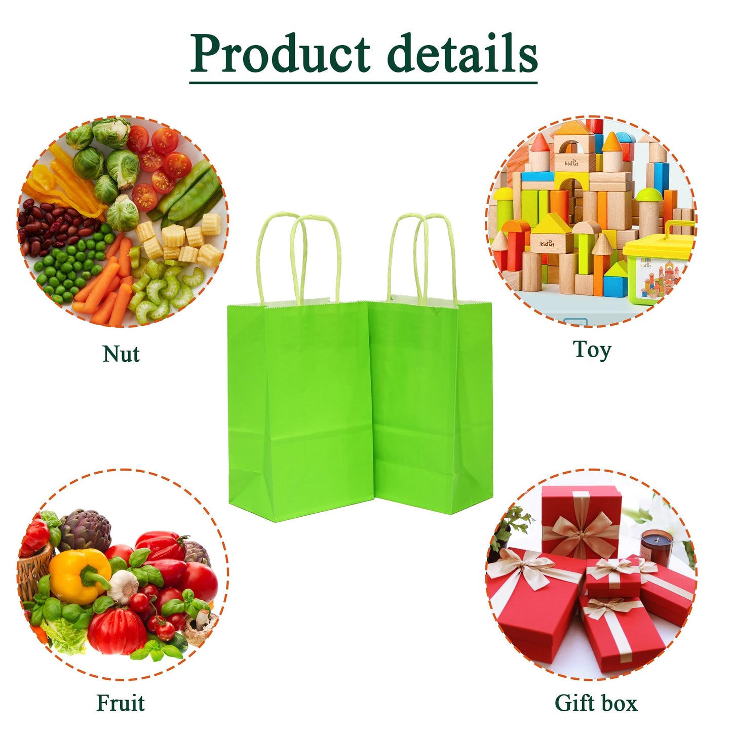 IN-JOOYAA 30 Pcs Small Size Kraft Paper Bags Gift Christmas Party Favor Bags with Handle(5 x 3.1 x 8.2 in, Green)