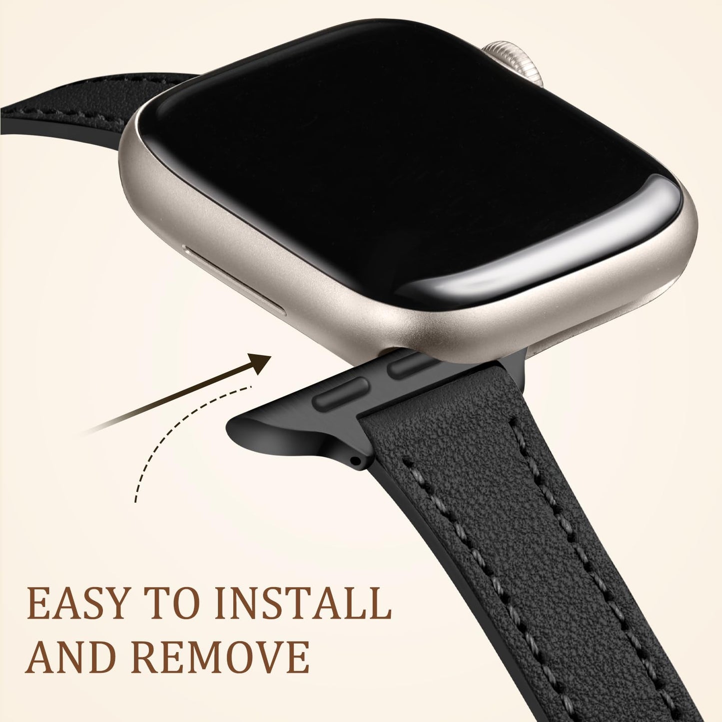 Charlam Slim Leather Band Compatible with Apple Watch Band 40mm 38mm 41mm 42mm 44mm 45mm 46mm Women,Top Grain Genuine Leather Strap Thin Wristband for iWatch Series 11 10 9 8 7 6 5 4 3 2 1 SE 3,Black