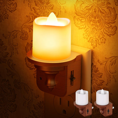 Briignite Flameless Candle Night Lights, Amber Plug-in 2 Pack, LED Candle with Light Sensor, 0-100LM Dimmable, Kids Hallway Bathroom Nightlight