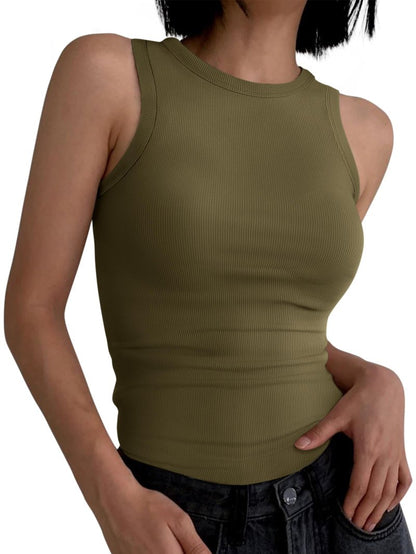 ANRABESS Womens Sleeveless High Neck Tank Tops Fashion Summer Casual Basic Slim Fit Ribbed Racerback Top Shirt Clothes Yellow Army Green X-Small
