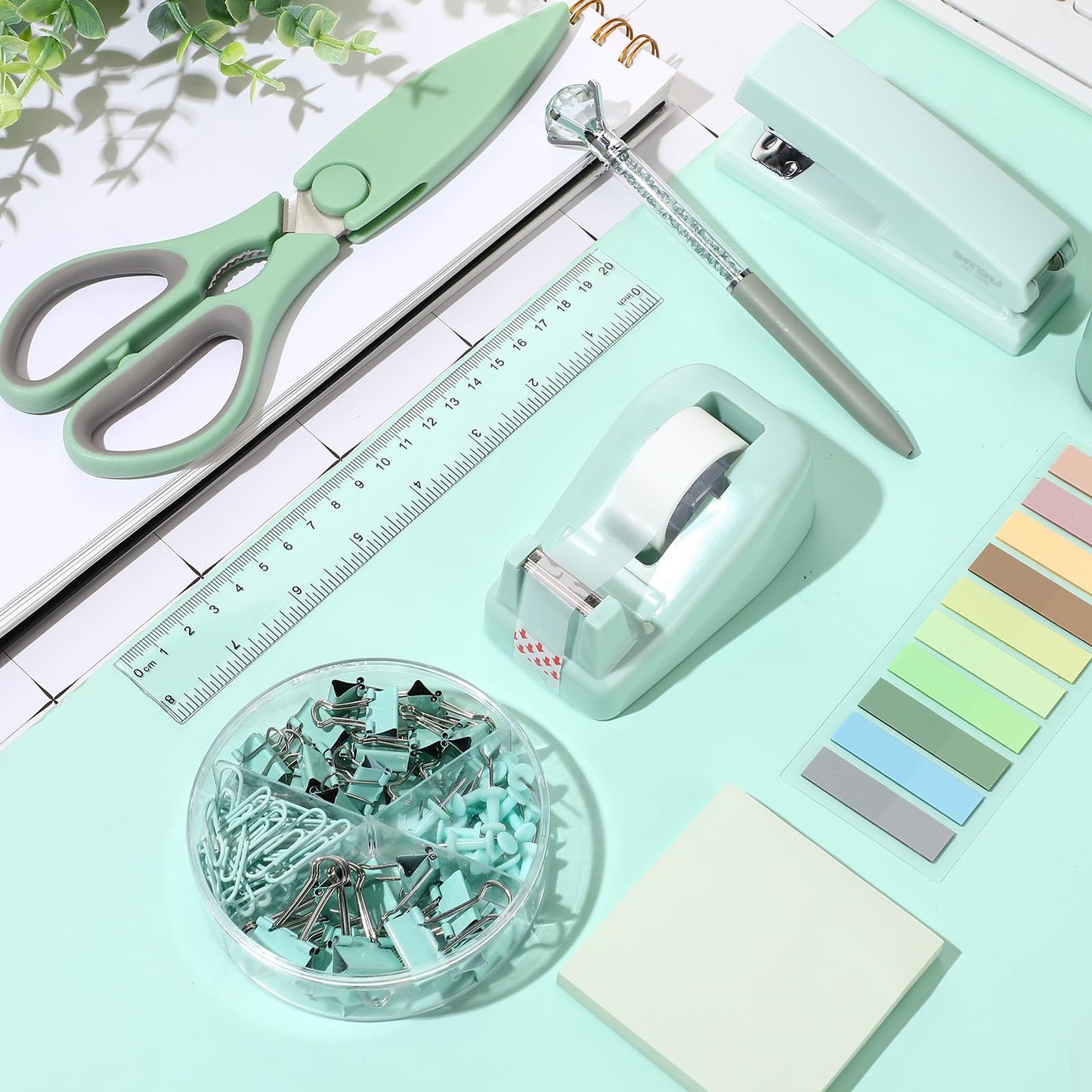 Marspark Sage Green Office Desk Accessories 12 Pcs Office Supplies Set 360° Rotating Pen Holder, Stapler, Tape Dispenser, Scissor, Sticky Notes, Binder Clips, Desk Organizers Gift for Home School