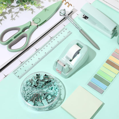 Marspark Sage Green Office Desk Accessories 12 Pcs Office Supplies Set 360° Rotating Pen Holder, Stapler, Tape Dispenser, Scissor, Sticky Notes, Binder Clips, Desk Organizers Gift for Home School