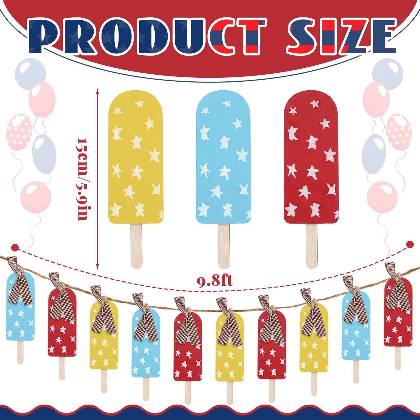 HunnmingRe Summer Patriotic Garland 10 ft 4th of July Red Blue White Yellow Banner American Summer Ice Cream Hanging Decoration for 250th Anniversary Independence Day Home Mantel Wall Party Supplies