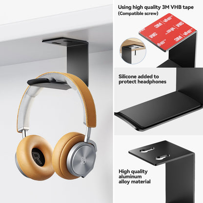 Yocice Headphone Stand Hanger,Headset Holder Mount,Aluminum Hook with Strong Adhesive Tape for Headphones (H02-Black-1PCS)